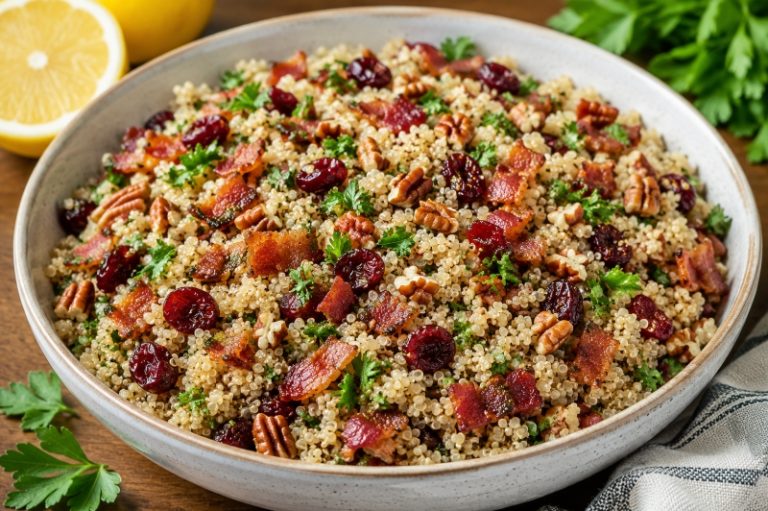 bacon and quinoa salad with cranberries pecans and parsley