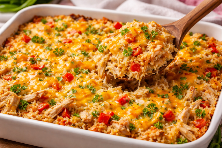 baked rotisserie chicken casserole with rice vegetables and melted cheddar cheese in a baking dish