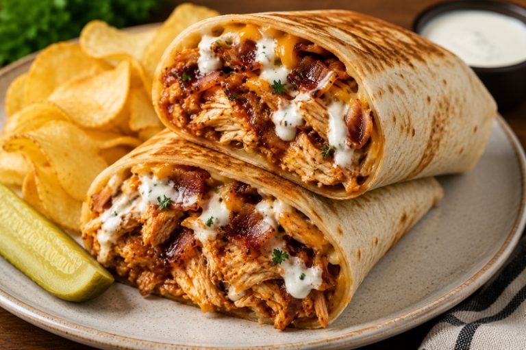 bbq chicken bacon ranch wrap with cheese and ranch sauce