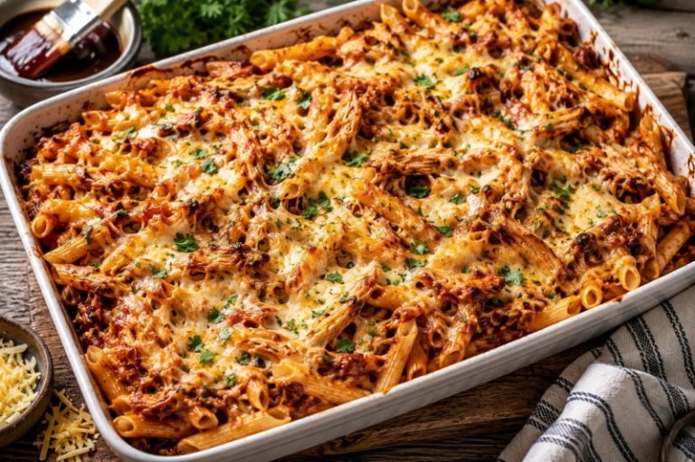 bbq chicken pasta bake with smoked gouda cheese