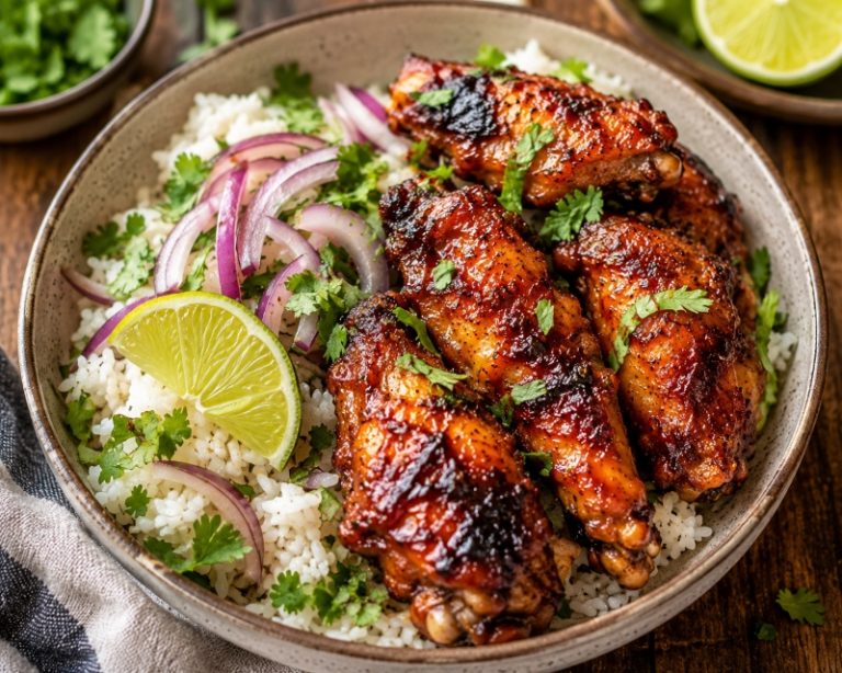 bbq chicken wing rice bowl with cilantro red onion and lime