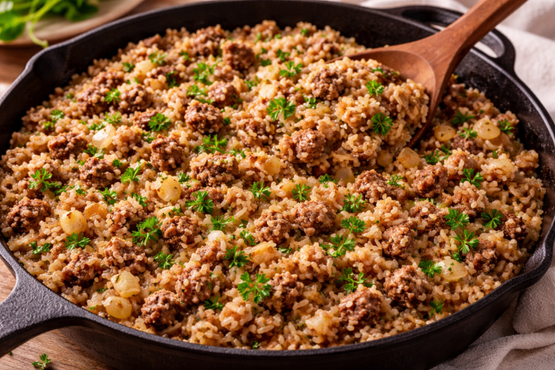 ground beef and rice skillet cooked in a pan with onions garlic and fresh parsley