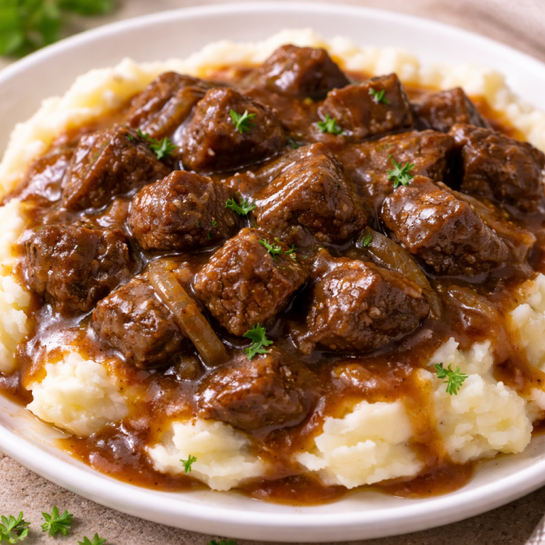 Beef tips with brown gravy served over mashed potatoes on a white plate