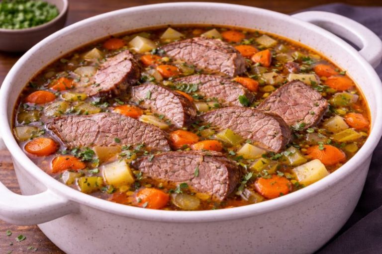 beef and vegetable soup with sliced eye of round carrots and celery