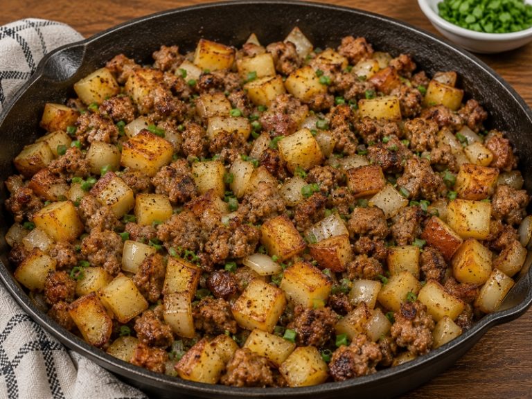 breakfast sausage and potato skillet with onions and chives