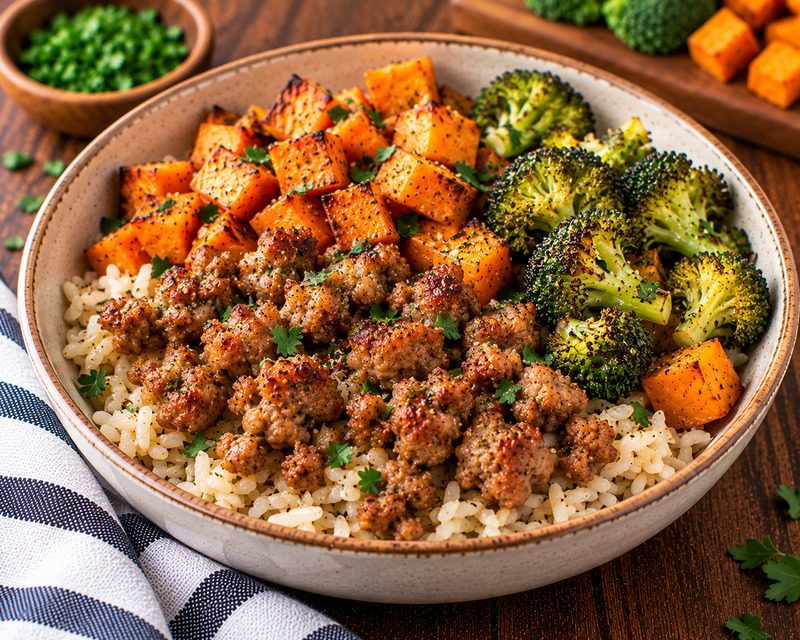 sausage rice bowl with roasted sweet potato and broccoli