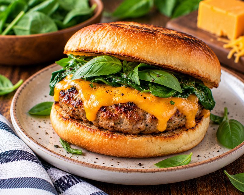 breakfast sausage sandwich with cheddar and spinach
