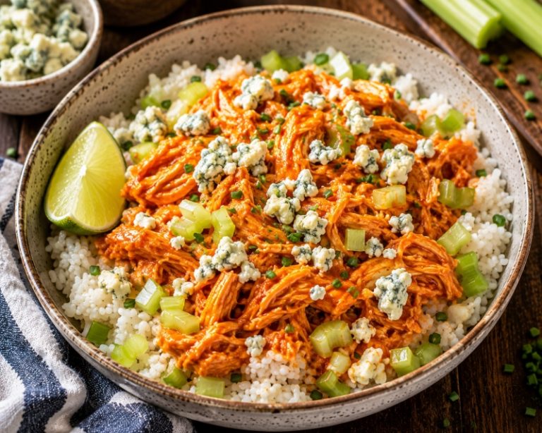 buffalo chicken wing rice bowl with celery and blue cheese