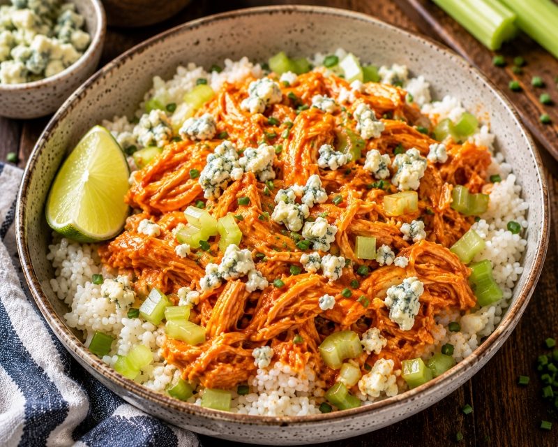 buffalo chicken wing rice bowl with celery and blue cheese
