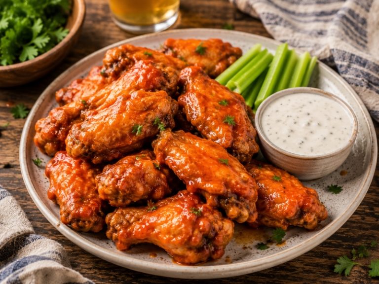 buffalo wings with ranch dressing and celery sticks