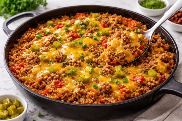 cheeseburger rice with ground beef and melted cheese