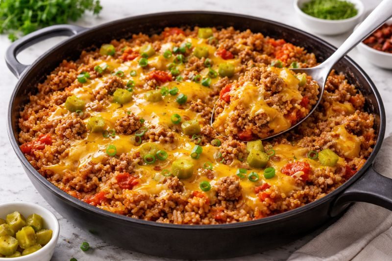 cheeseburger rice with ground beef and melted cheese