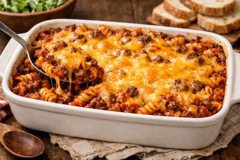 cheesy ground beef casserole with pasta tomato sauce and melted cheddar baked in a dish