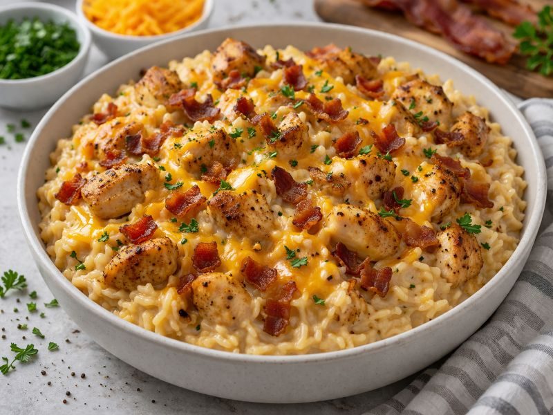 cheesy ranch chicken rice with bacon and creamy sauce