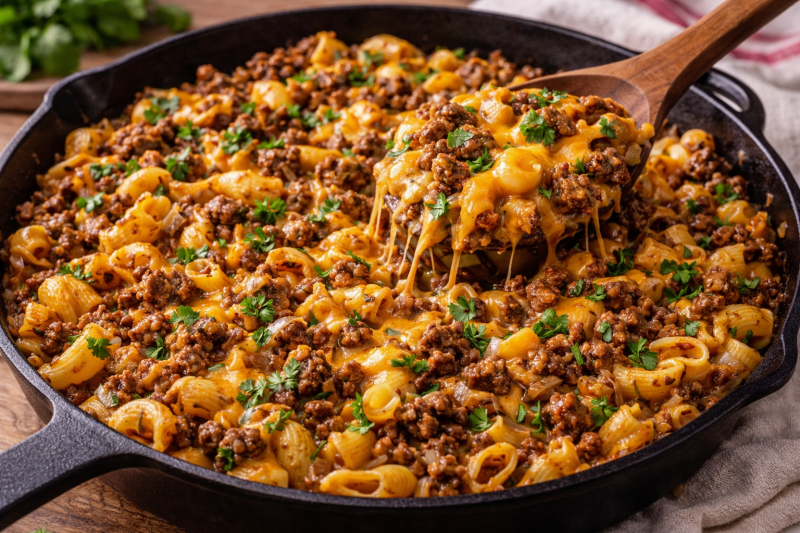 cheesy taco meat pasta with seasoned ground beef and melted cheddar in a skillet