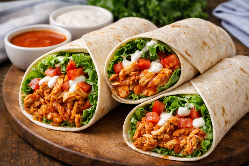 buffalo chicken wraps with lettuce tomatoes ranch and chives wrapped in flour tortillas