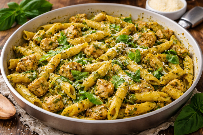 chicken pesto pasta with penne basil pesto parmesan and fresh basil in a skillet