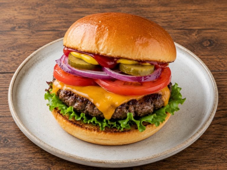 classic cheeseburger with cheddar cheese lettuce tomato and pickles