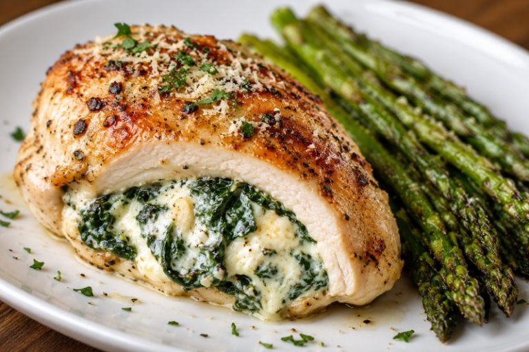 cream cheese stuffed chicken breast with spinach and asparagus