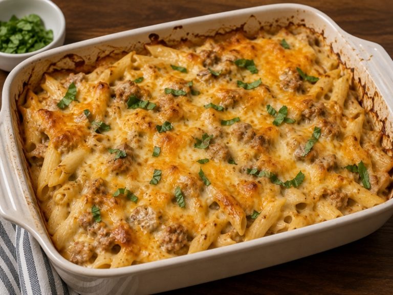 creamy breakfast sausage pasta bake with cheddar cheese and fresh basil