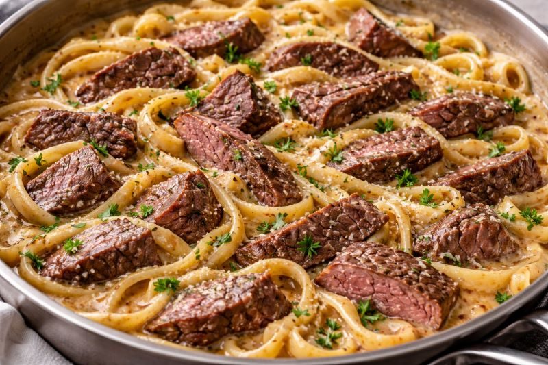 creamy steak pasta with sliced steak garlic parmesan sauce and parsley