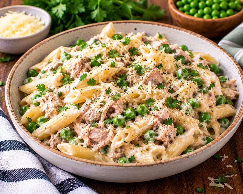 creamy tuna pasta with peas and parmesan