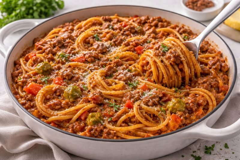 dirty spaghetti with ground beef sausage and peppers
