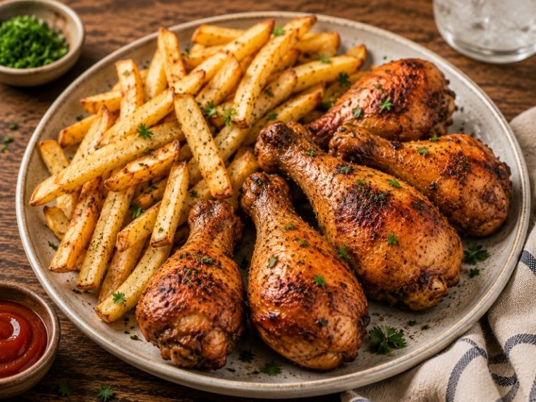 chicken drumsticks with crispy french fries