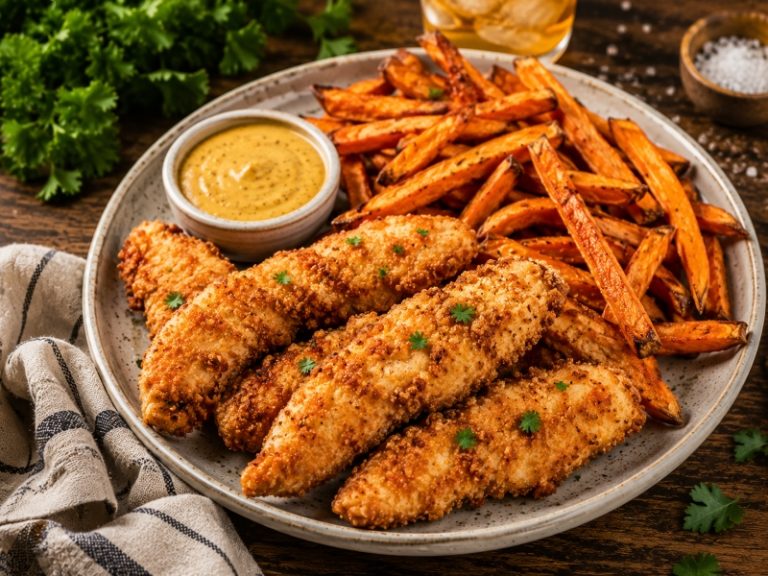 gluten free chicken tenders with honey mustard and sweet potato fries