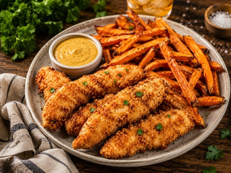 gluten free chicken tenders with honey mustard and sweet potato fries