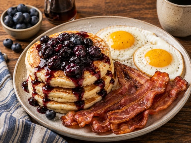 gluten free pancakes with blueberry sauce bacon and eggs