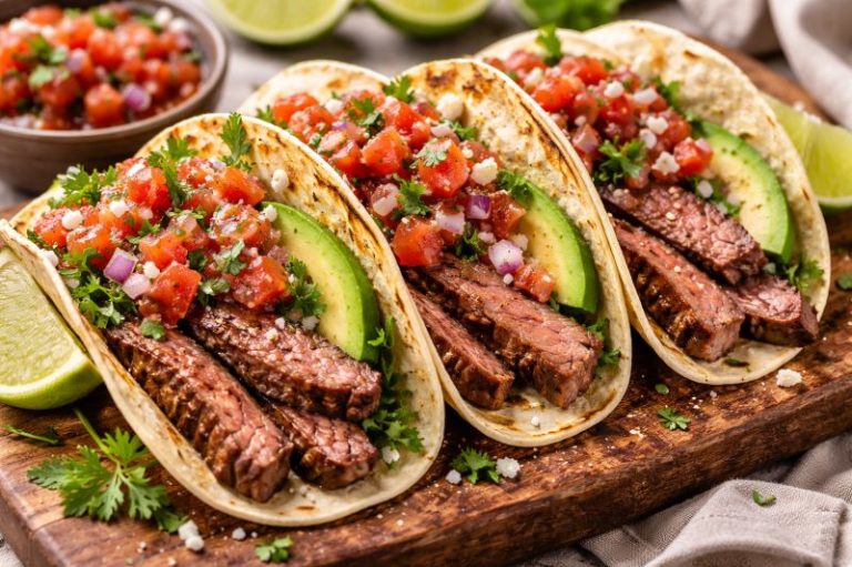 grilled steak tacos with tomato salsa cilantro onion and lime