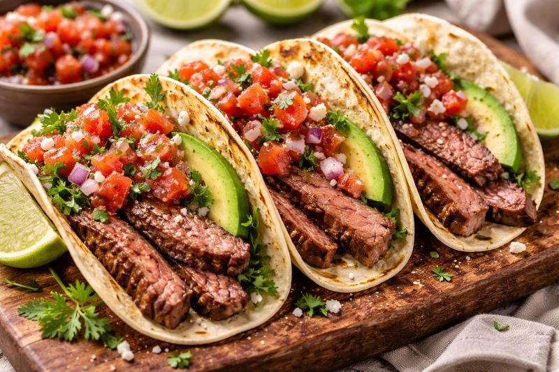 grilled steak tacos with tomato salsa cilantro onion and lime