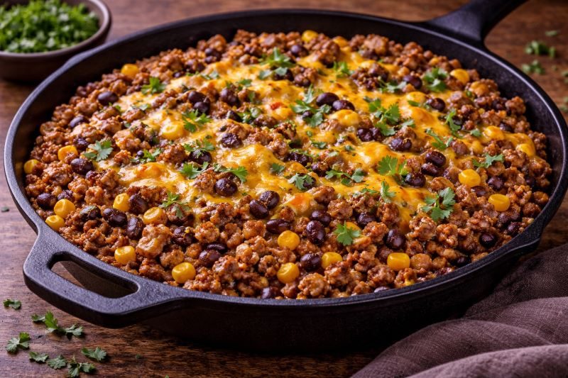 ground beef nacho skillet with beans corn cheddar and cilantro