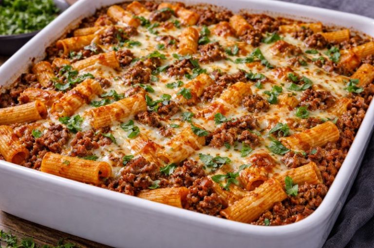 ground beef pasta bake with marinara pasta and melted mozzarella