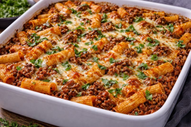 ground beef pasta bake with marinara pasta and melted mozzarella
