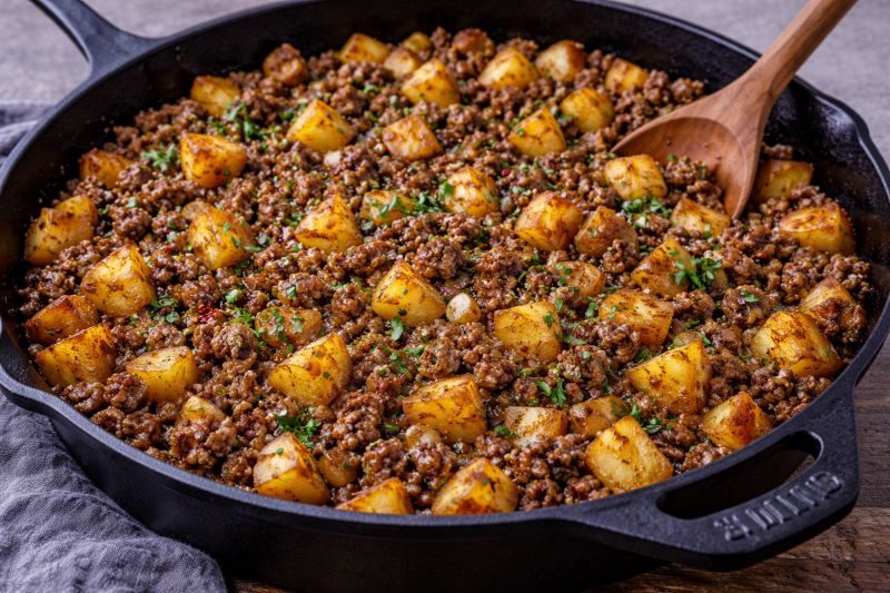 ground beef and potato skillet with diced potatoes onion and spices