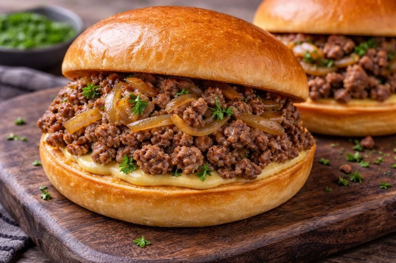 ground beef sandwich with caramelized onions on toasted buns