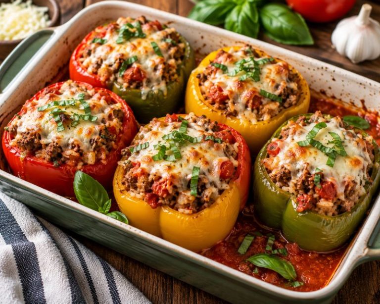 ground beef stuffed peppers with rice tomatoes and mozzarella