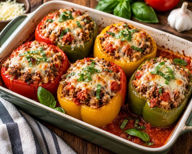 ground beef stuffed peppers with rice tomatoes and mozzarella