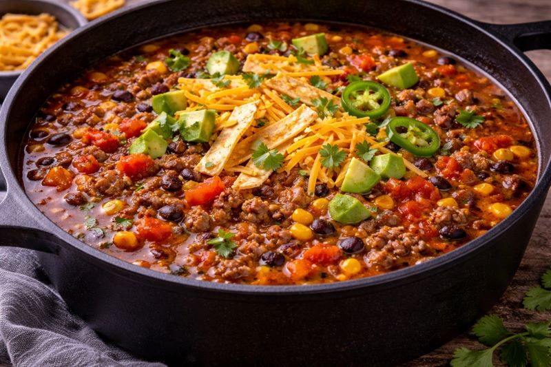 ground beef taco soup with beans corn tomatoes and broth