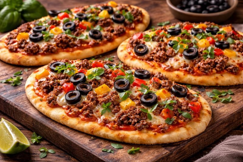 leftover ground beef flatbread pizzas with cheese olives and peppers