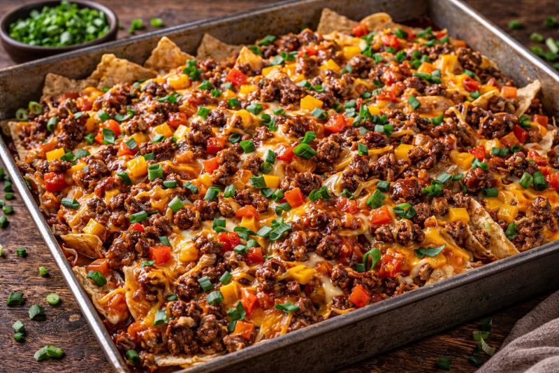 leftover ground beef nacho bake with tortilla chips cheddar and green onions