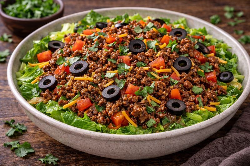 leftover ground beef taco salad with lettuce tomatoes cheese and olives