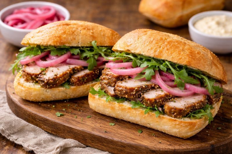 leftover pork loin sandwich with pickled onions and arugula on toasted roll