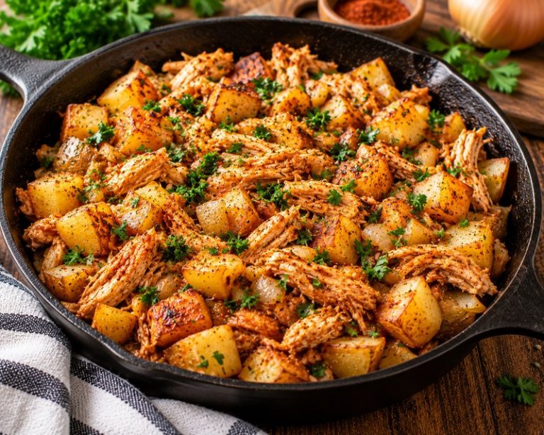 shredded chicken potato skillet with crispy potatoes and parsley