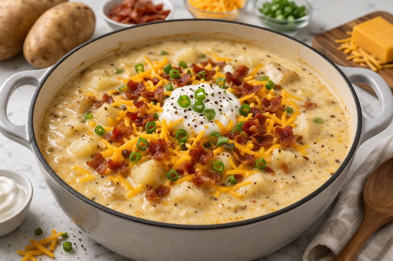 loaded baked potato soup with bacon and cheddar cheese