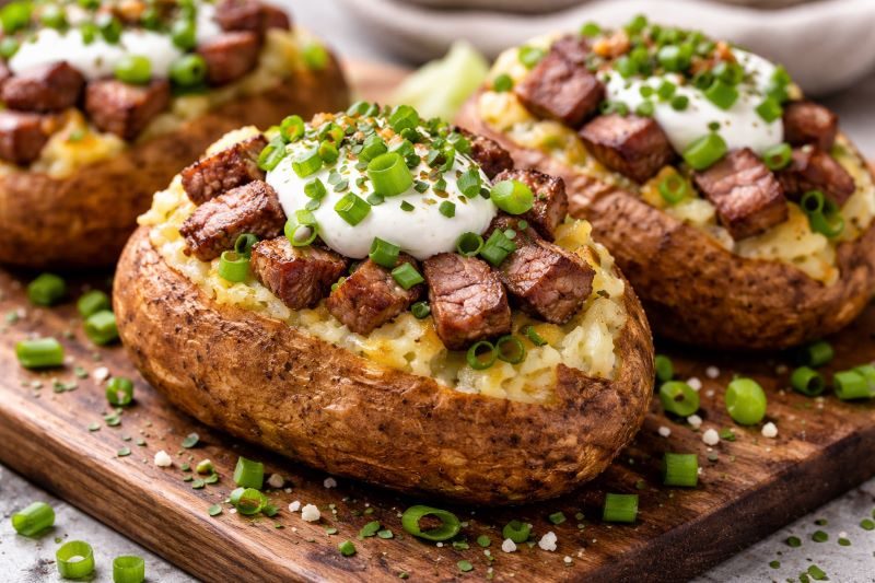 loaded baked potato with steak sour cream green onions and chives