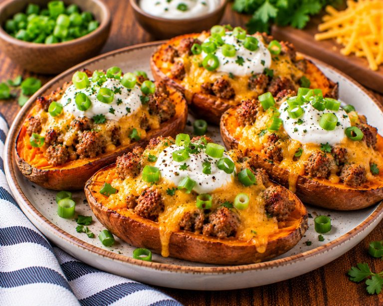 loaded sweet potato skins with breakfast sausage and cheddar