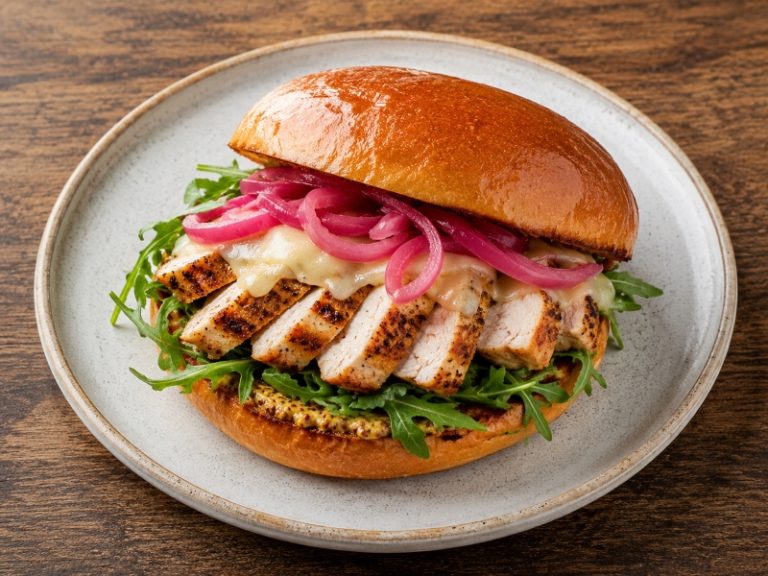 loaded chicken sandwich with pickled onions arugula and cheese